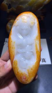 和田玉黄沁金包玉羊脂白肉童子闹财神手把件